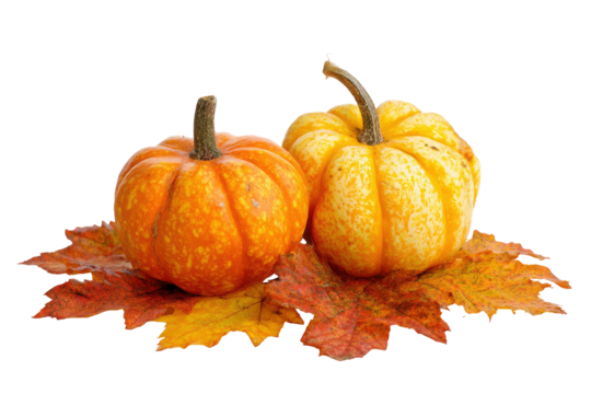 Two orange pumpkins with autumn leaves on transparent background