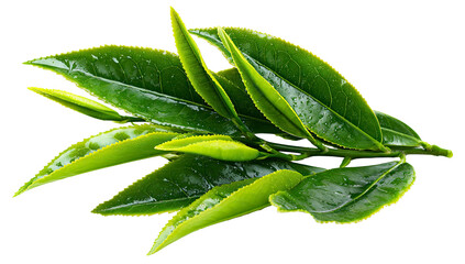 Fresh green tea leaves cluster with water droplets on transparent background