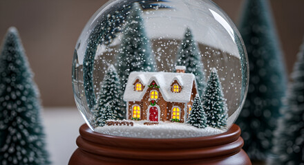 3d icon of a snow globe with a house and christmas trees inside, surrounded by fir trees on a brown background