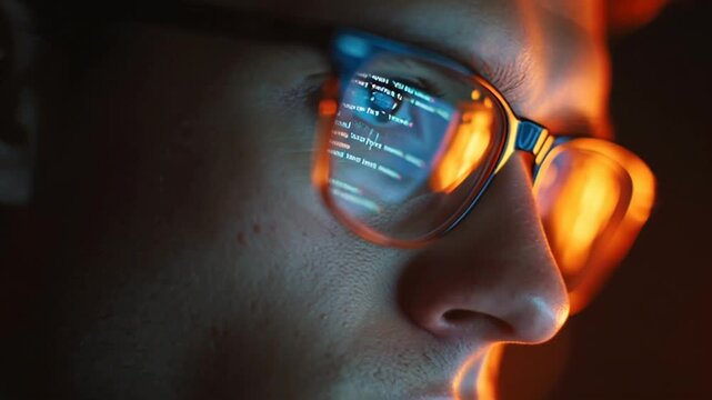 Close-up of a person wearing glasses reflecting computer code on a dark background, representing technology and data processing footage