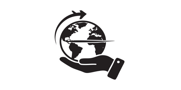 Helping hand and planet earth thin line icon, traveler survey concept. Vector graphics. World globe with hand, traveling sign on white background, style icon mobile or web design.