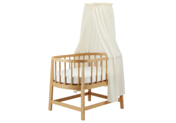 Isolated modern wooden bassinet with a draped canopy, nursery crib with a rounded shape