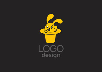A whimsical yellow rabbit pops out of a top hat, creating a playful and magical atmosphere, embodying fun and joy in a graphic logo design style suitable for various themes.
