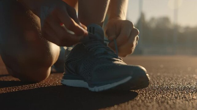 Close-up of athletic shoes being tied on a track, preparing for a race or training session, dynamic action shot - Powered by Adobe
