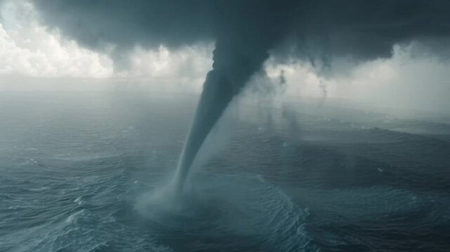 A massive, powerful funnel cloud tornado, a devastating natural disaster, descending from a stormy sky, engulfing the ocean's surface with turbulent waves and spray
