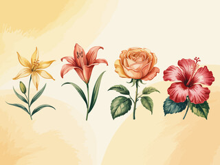 This striking image showcases a collection of four unique floral illustrations, including lilies and roses, capturing the natural beauty and diversity of flowers in artistic detail.