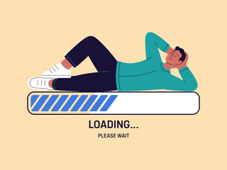 This illustration depicts a relaxed person waiting patiently while resting on a loading bar, symbolizing the essence of mindfulness and taking a break in our busy lives.