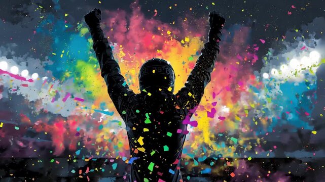 A racer driver celebrates a grand victory as colorful confetti and fireworks illuminate the night sky, capturing the thrill of triumph and speed