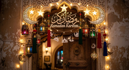 Obraz premium Ramadan Kareem Doorway Decoration with Lights, Lanterns and Arabic Calligraphy Sign on Weathered Wall for Islamic Culture Festival