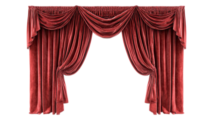 Elegant red velvet curtains with draped swags on transparent background
