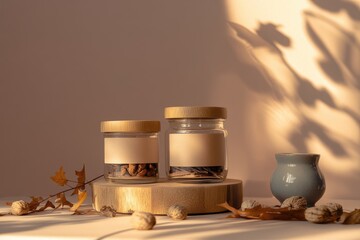 Three jars with empty labels sit on a wooden stump on a table