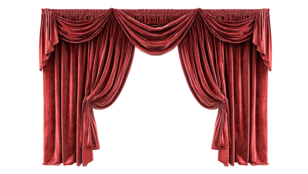 Elegant red velvet curtains with draped swags on transparent background