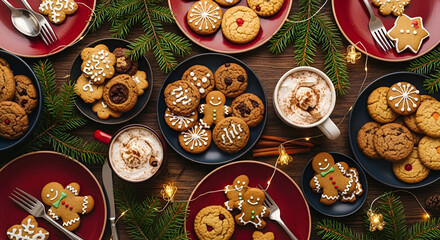 3d icon of festive christmas table setting with cookies, gingerbread, and hot chocolate for a cozy holiday gathering