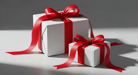 3d icon of two white gift boxes with red ribbons on a white surface, creating a festive and celebratory atmosphere