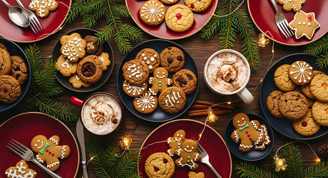 3d icon of festive christmas table setting with cookies, gingerbread, and hot chocolate for a cozy holiday gathering - Powered by Adobe