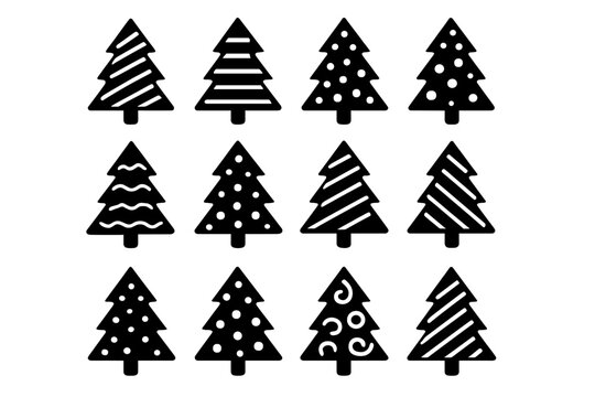 Festive Tree Patterns. Set of Christmas tree icons, each with unique patterns like stripes, dots, and swirls, arranged in neat rows. The simple black and white color. Vector illustration