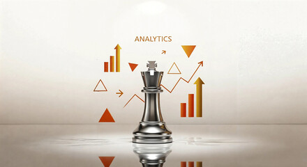 Silver chess king standing in front of analytics graph isolated on white background, business strategy concept