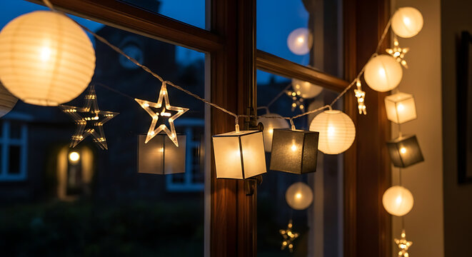 Festive Lantern Garland Illuminating Window with Warm Glow and Geometric Star Shapes Creating Cozy Atmosphere and Decorative Display