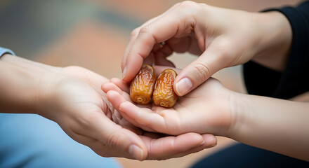 Sharing dates food during ramadan fasting as islamic muslim culture with helping hands for eid mubarak and iftar kareem religious concept