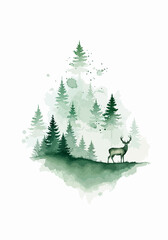 Watercolor splash and splatter of deer in a forest of fir trees