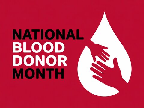 National blood donor month graphic featuring a blood drop formed by helping hands on a red background