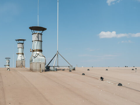 Lightning rod system in poor condition on the rooftop of a building