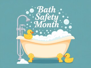 Celebrating bath safety month with a bubbly tub and playful rubber ducks for a clean and safe experience