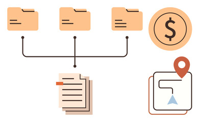Folder network with documents, monetary icon, and navigation map suggests streamlined data management. Ideal for finance, organization, documentation, workflow, navigation, planning business