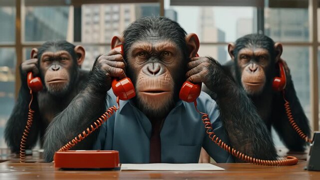 Three chimpanzees in business shirts and ties intently answering calls on red telephones in a busy office setting 4k video