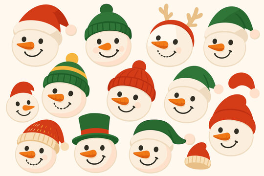 Festive Snowman Faces. Cheerful snowman faces with carrot noses and coal eyes, each donning a different festive hat. The snowmen are arranged in a playful pattern,. Vector illustration