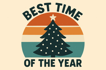 Retro Christmas Celebration. Christmas tree silhouette adorned with white dots and topped with a star, set against retro horizontal stripes in orange, white, and. Vector illustration