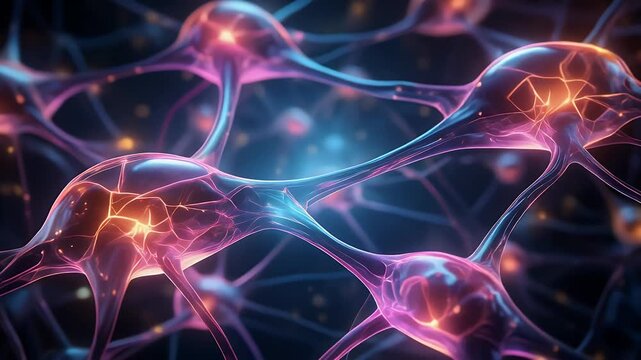 Abstract illustration of neural network cells connected in a complex structure