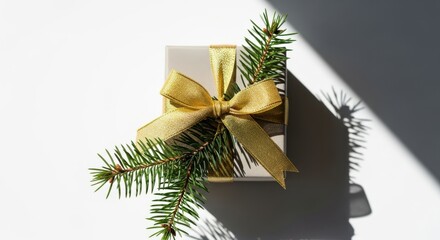 Closeup of gift box with golden ribbon and pine branches, minimalist composition on white background