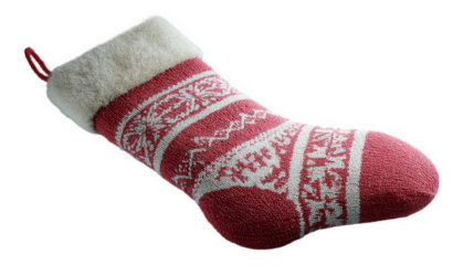 Christmas stocking with Nordic snowflake and reindeer pattern, red knit fabric with faux fur cuff, realistic product photo
