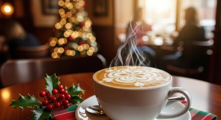 Cappuccino with snowflake foam art at cafe