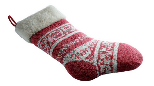 Christmas stocking with Nordic snowflake and reindeer pattern, red knit fabric with faux fur cuff, realistic product photo