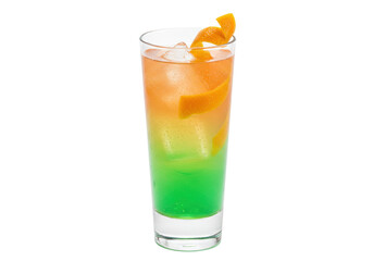Isolated glass of vibrant green and orange cocktail with ice and garnish, studio shot