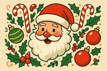 Whimsical Santa Cheer. Whimsical Santa Claus face surrounded by festive elements like candy canes, baubles, and holly leaves. His rosy cheeks and jolly expression. Vector illustration