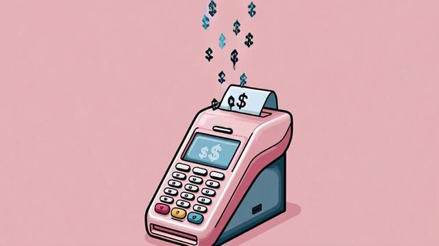 A vintage-style payment terminal receiving a stream of currency symbols, symbolizing financial transactions and cash flow, against a pastel backdrop