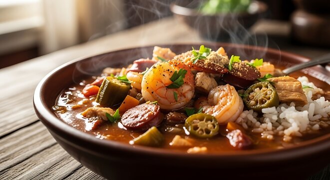 Seafood gumbo with shrimp sausage okra and rice traditional creole stew Louisiana cuisine hearty soup
