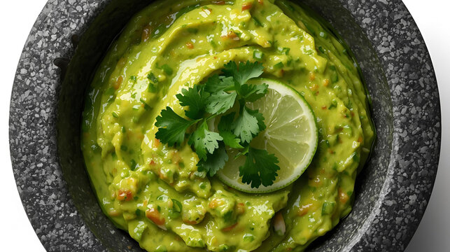 Freshly made guacamole for chips dip with cilantro and lime slice closeup ai 