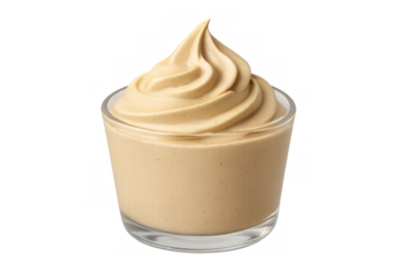 Whipped coffee cream mousse in a glass cup with swirled texture, sweet creamy dessert, transparent background
