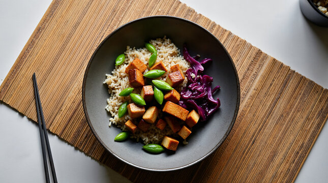 Bowl de arroz integral con tofu, col morada y arvejas chinas