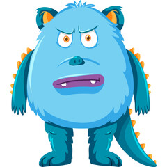 Grumpy Blue Furball Monster With Spiky Back And Orange Ears Standing On Transparent Background With Pixelated Art Style