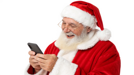 A joyful man dressed as Santa Claus looks at his smartphone with a big smile  isolated on transparent background