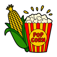 Vibrant cartoon popcorn bucket and fresh corn cob illustration