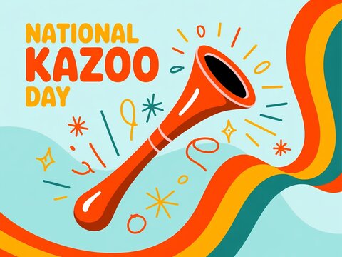 Celebrate national kazoo day with a vibrant illustration of a bright orange kazoo and colorful celebratory elements