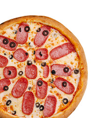Delicious pepperoni pizza topped with black olives ready to enjoy