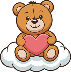 Cartoon teddy bear holding pink heart on white clouds