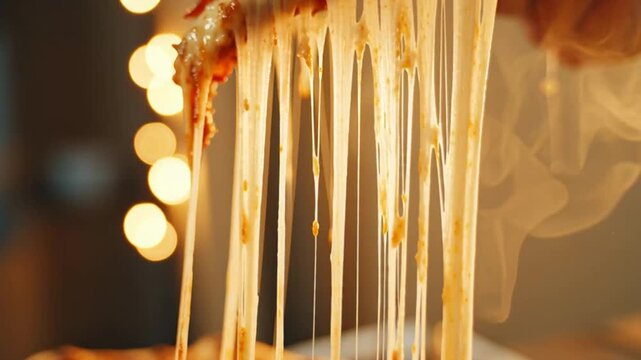 Close-up shot of a person lifting a slice of pizza, revealing melted cheese stretching in long strings against a bokeh background of warm lights, tempting and delicious